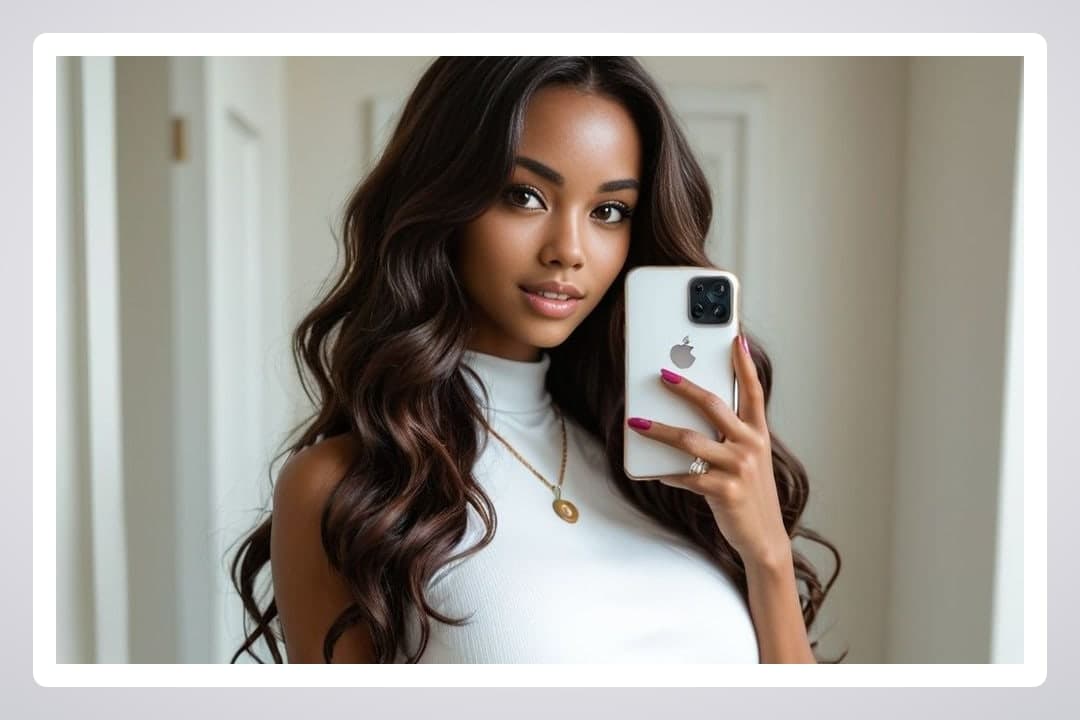 Slim ebony selfie in white top