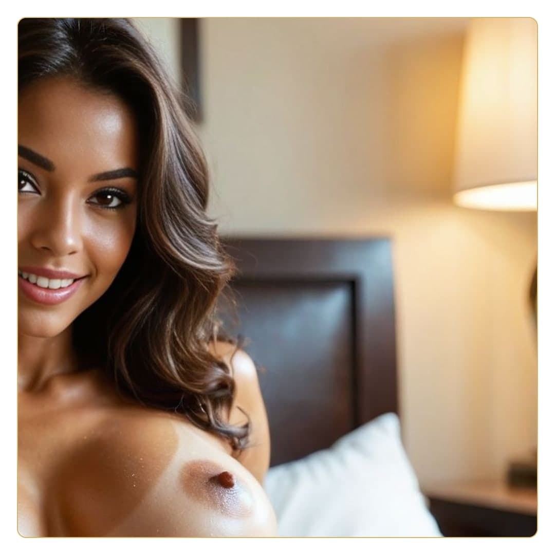 Close-up topless smile in bed
