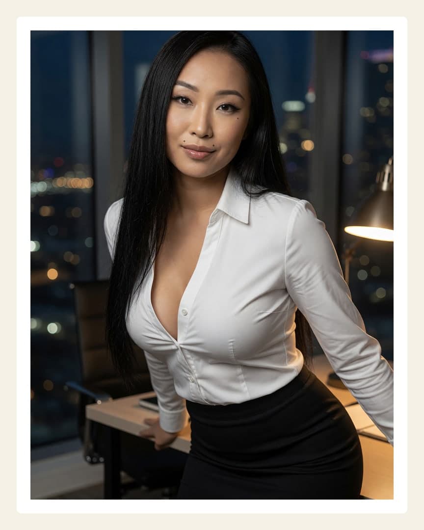 Office cleavage over desk at night