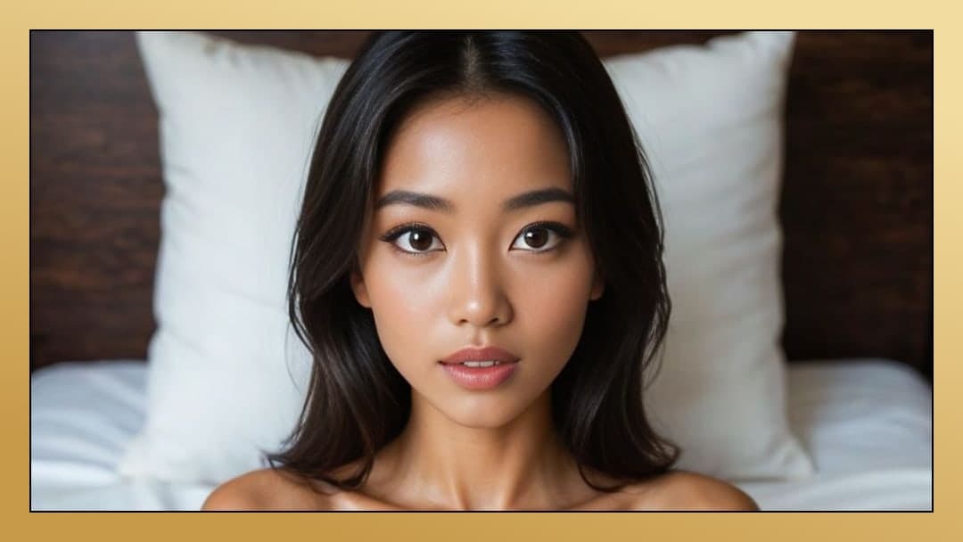 Topless selfie on white sheets