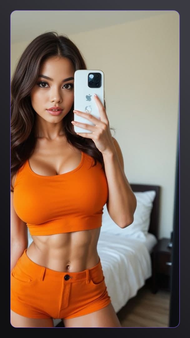 Brunette selfie in orange crop top