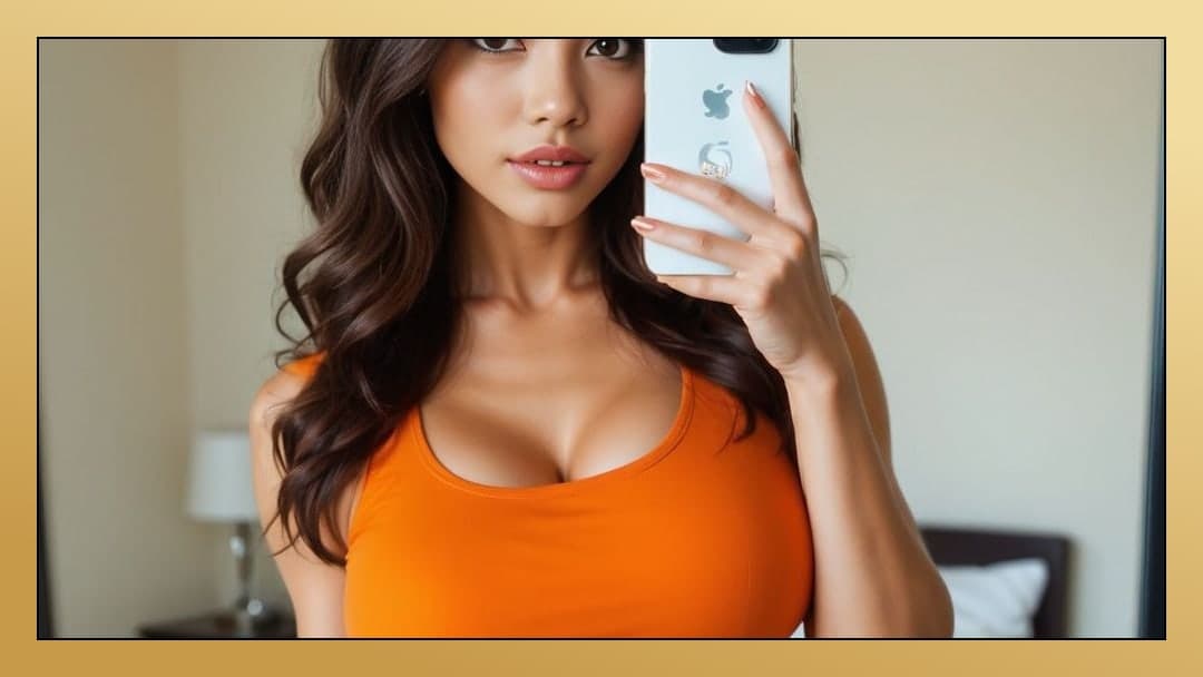 Cleavage selfie in orange tank