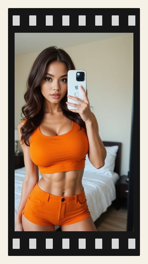 Curvy brunette mirror selfie in orange