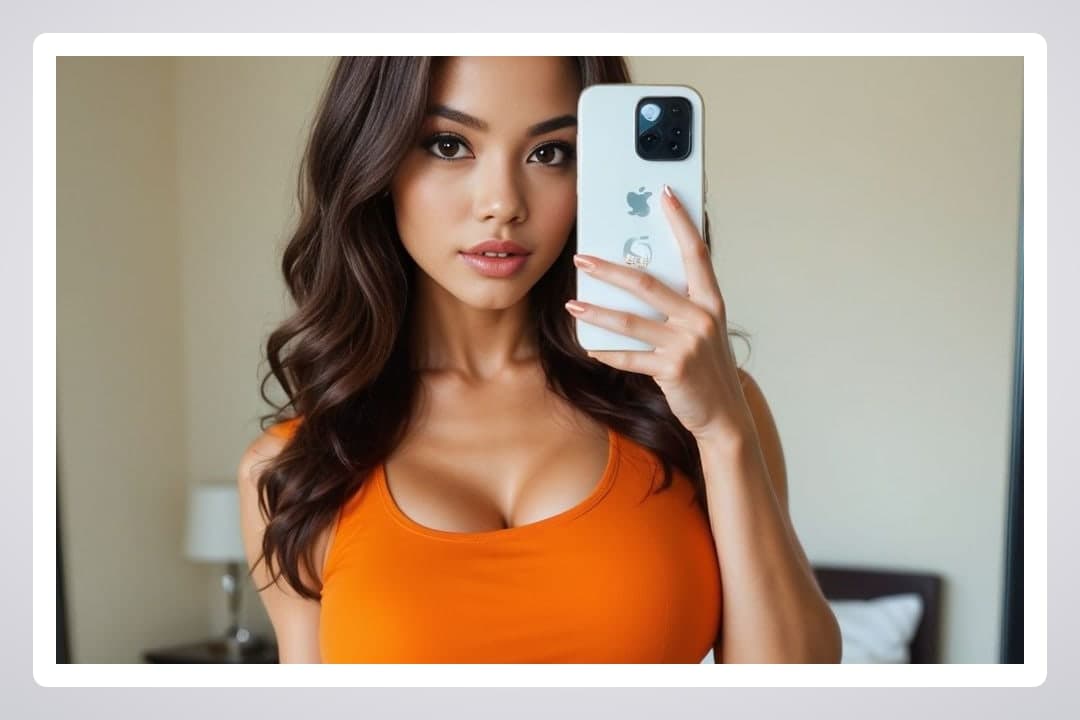 Cleavage selfie in orange tank