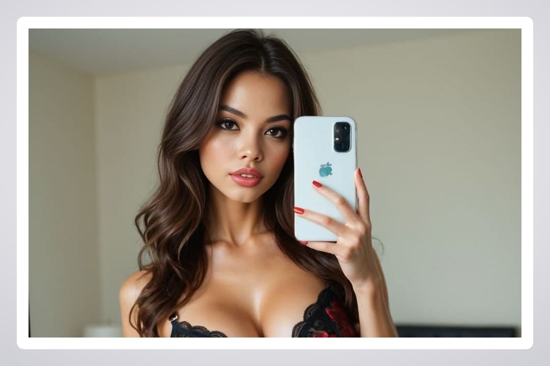 Lace bra cleavage selfie close-up