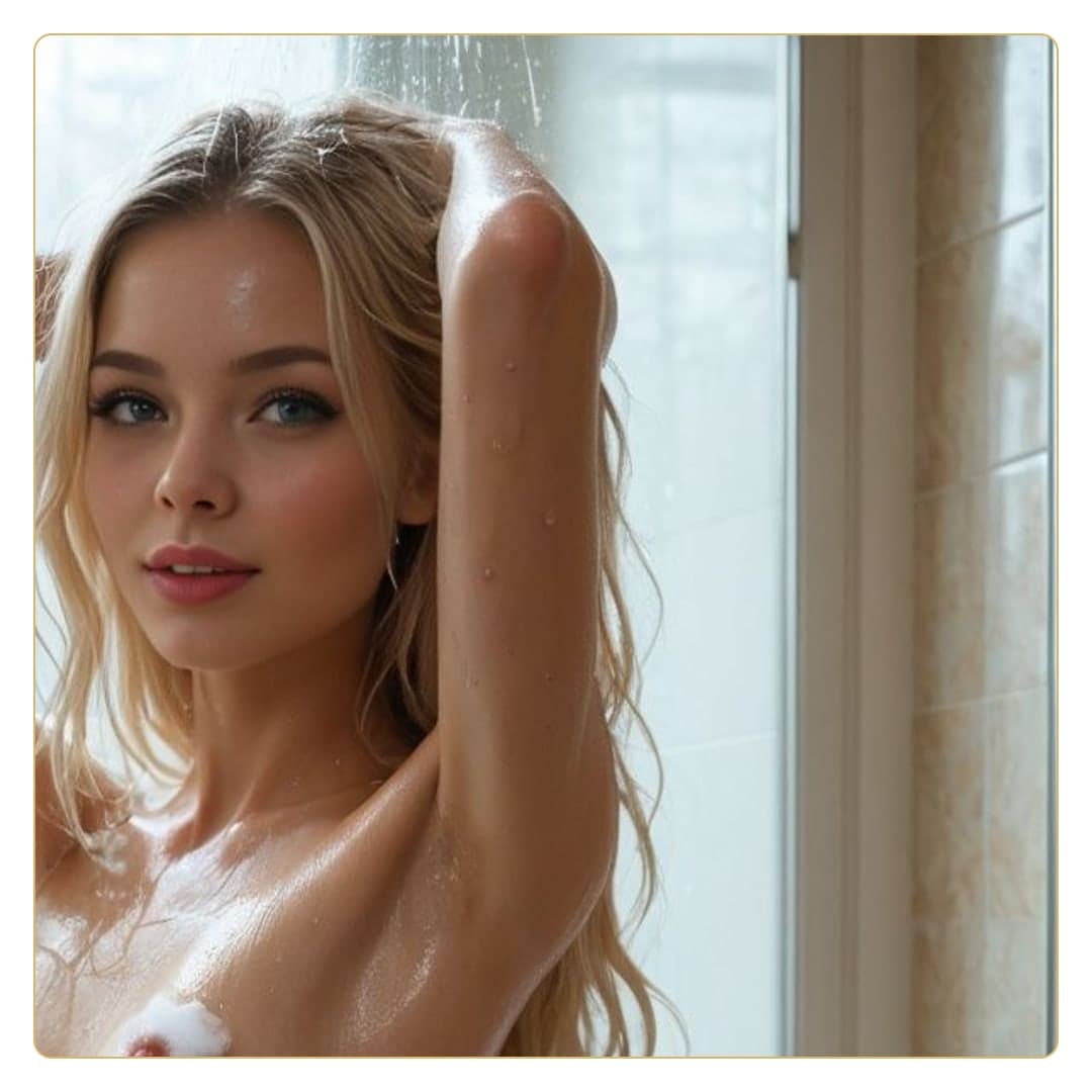 Topless blonde in steamy shower