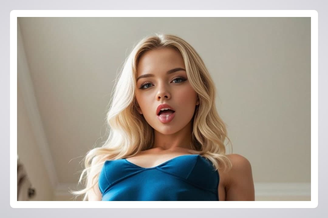 Slim blonde cleavage in blue satin