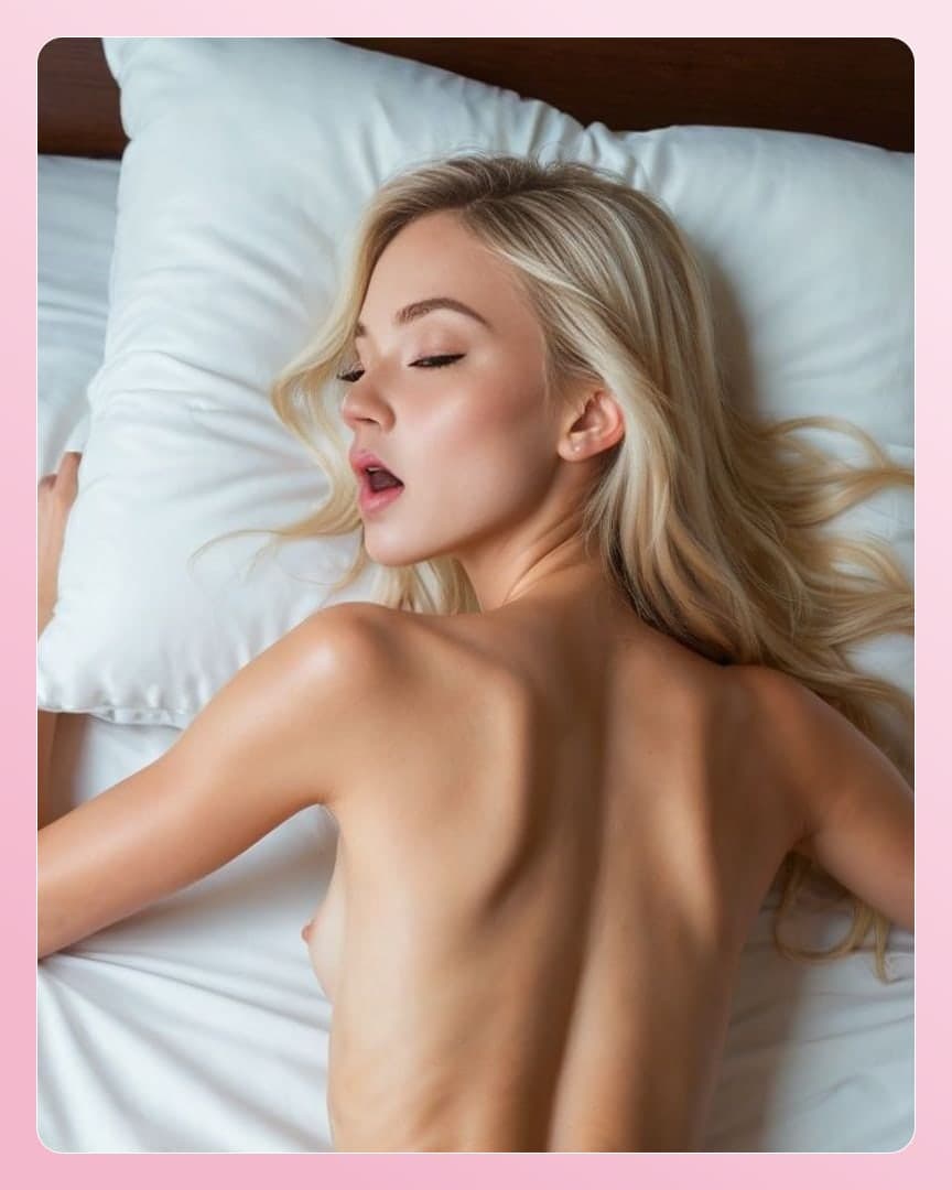 Topless blonde prone on bed