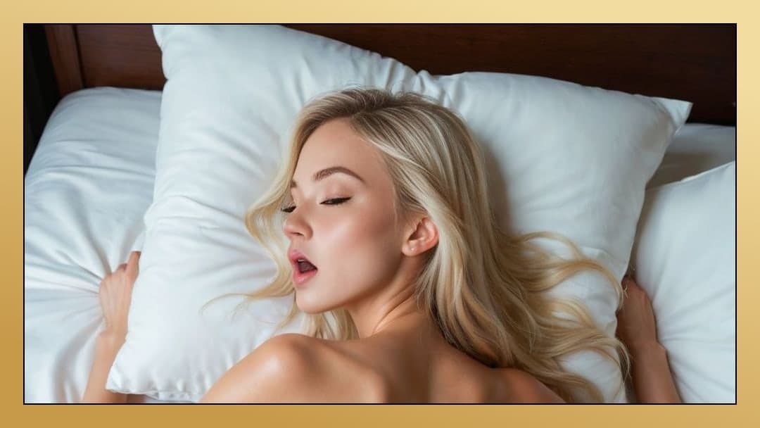 Slim blonde body on white pillows
