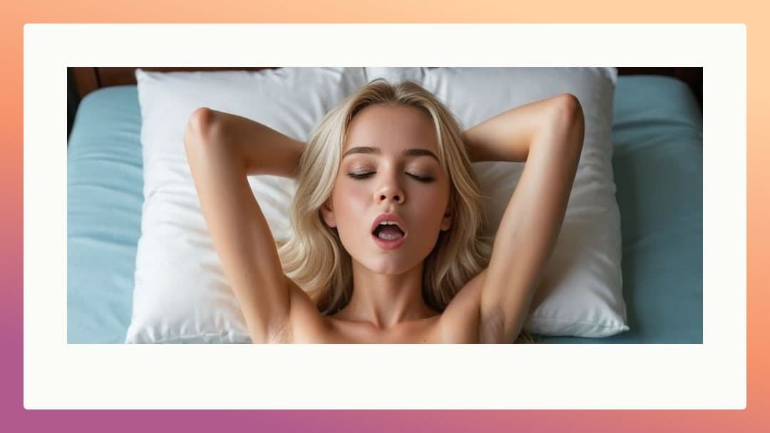Long straight blonde hair on blue sheets