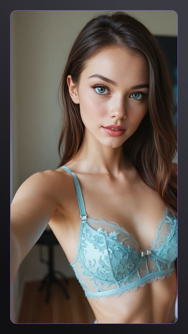 Blue lace bra selfie close-up
