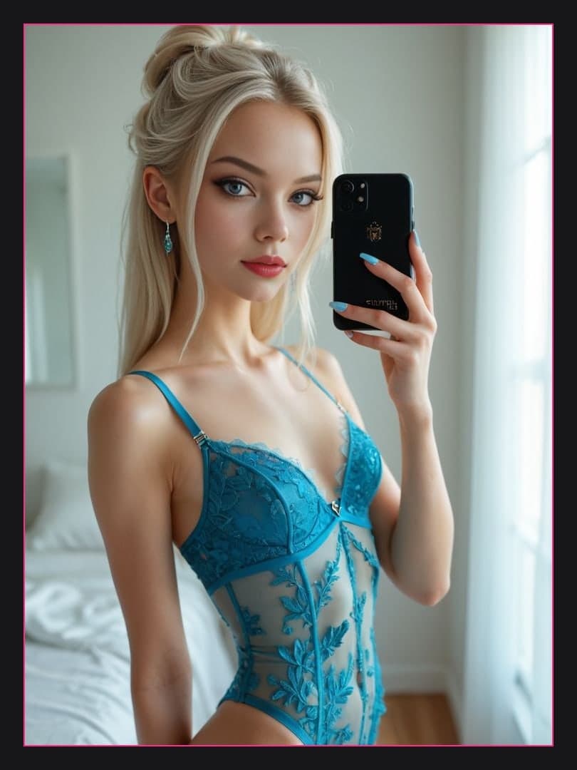 Turquoise lace selfie in bedroom