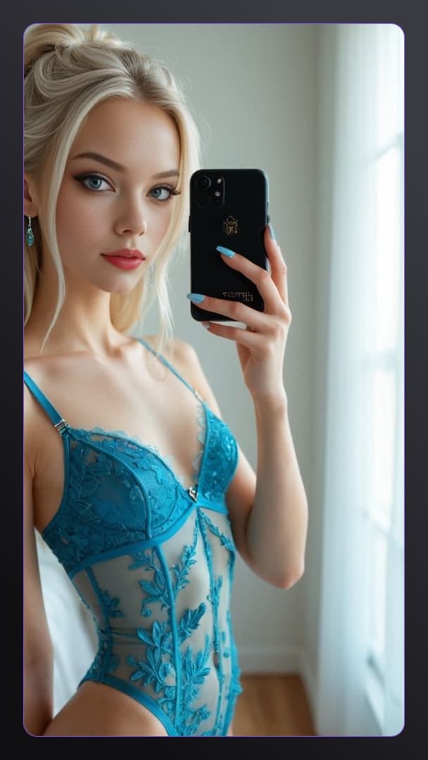 Turquoise lace bodysuit bedroom selfie