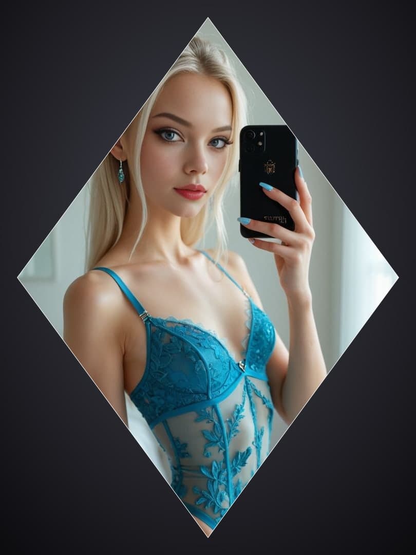 Mirror selfie in sheer turquoise lace