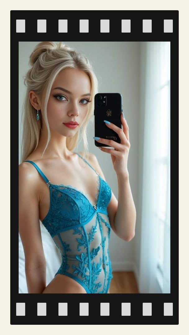 Turquoise lace selfie in bedroom