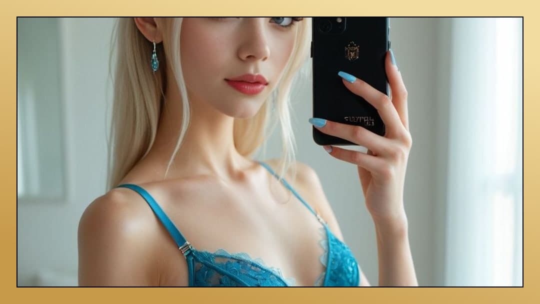 Platinum blonde selfie in teal lace