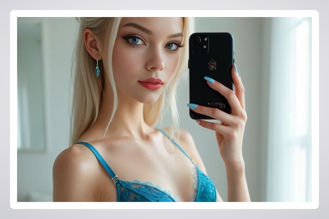 Sheer turquoise lace bra selfie