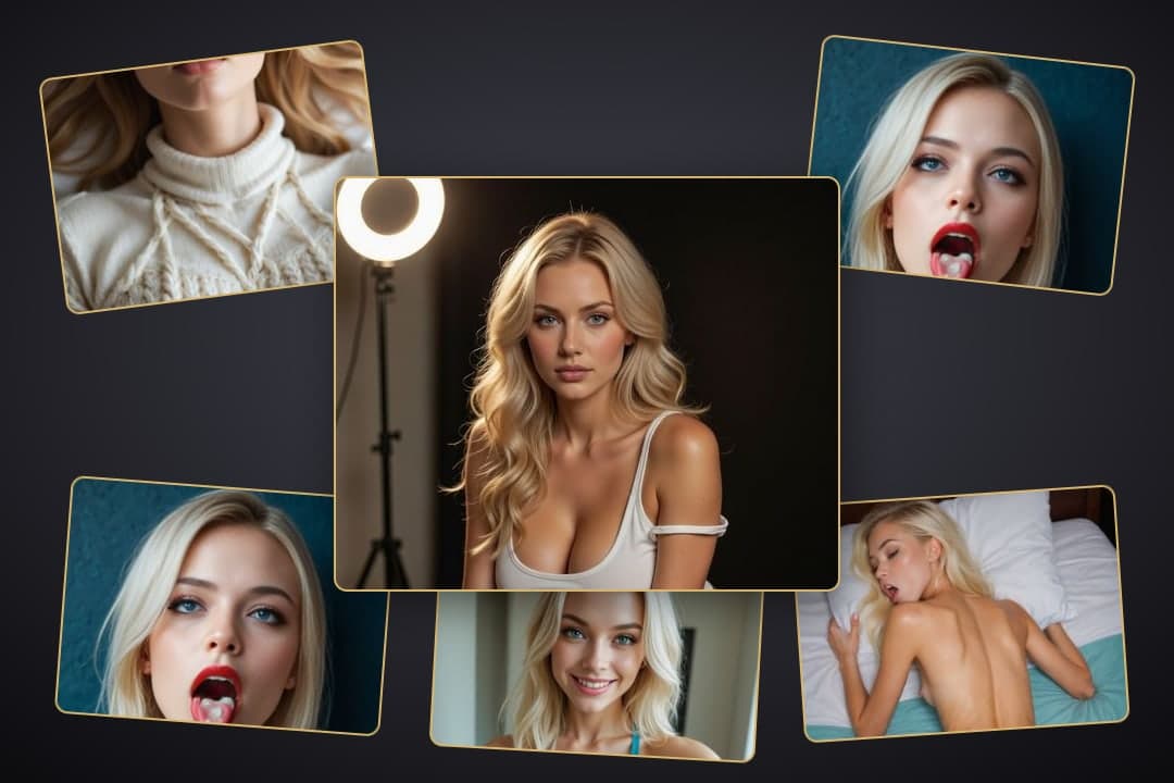 Blonde topless studio ring light pose