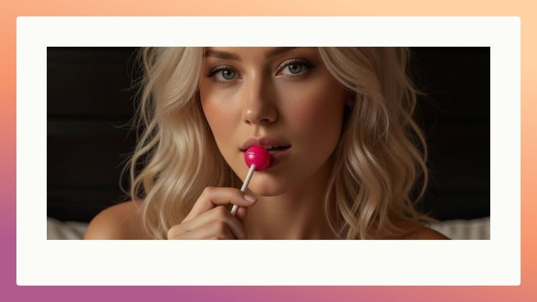 Blonde sucking pink lollipop topless