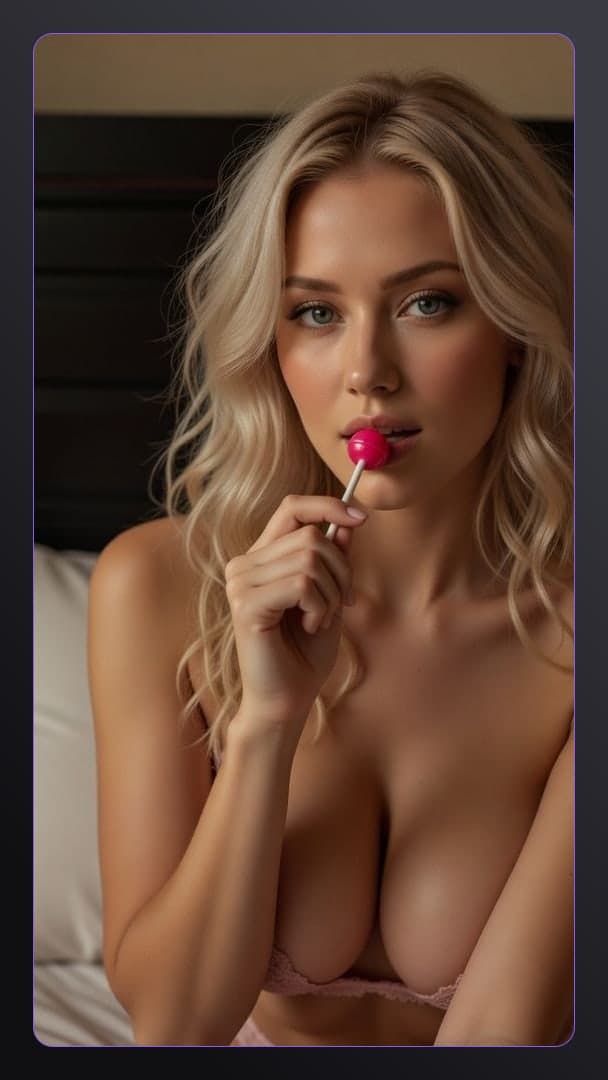 Lollipop lick topless bedroom close-up
