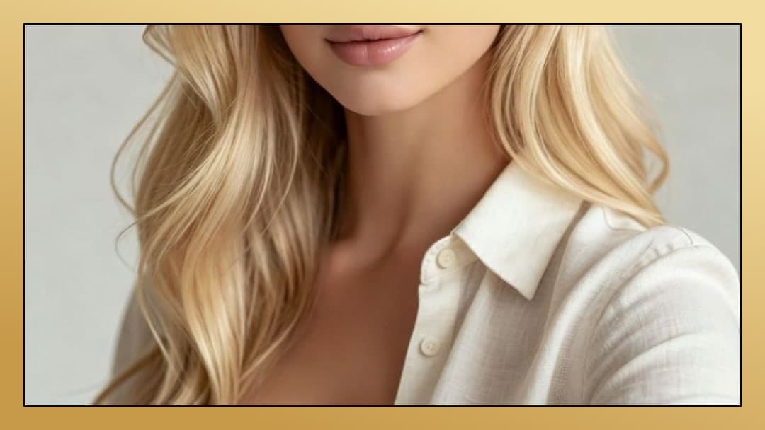 Blonde cleavage linen shirt selfie