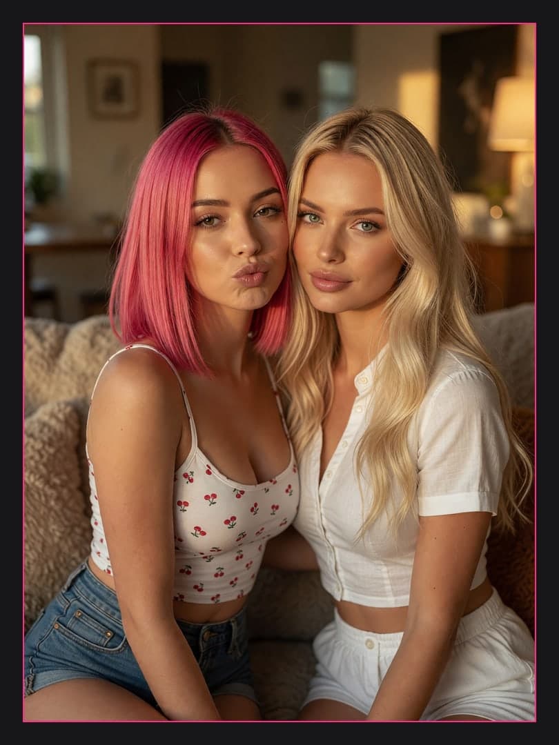 Blonde and pink bob on couch