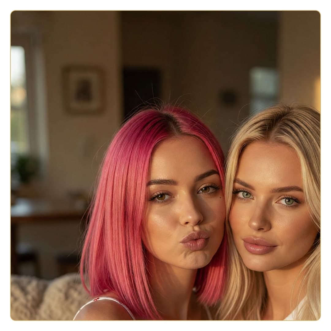 Blonde and pink hair living room selfie