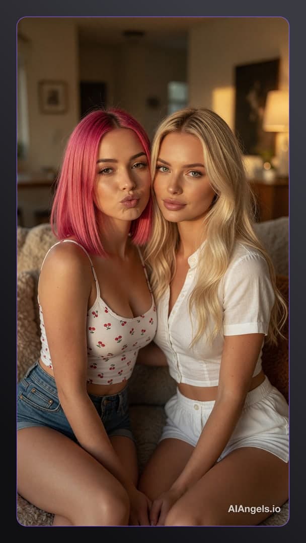 Blonde in living room with pink hair friend