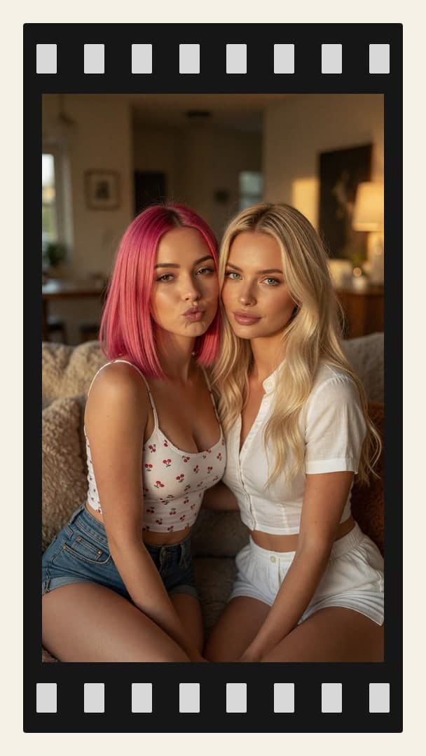 Blonde and pink hair living room selfie