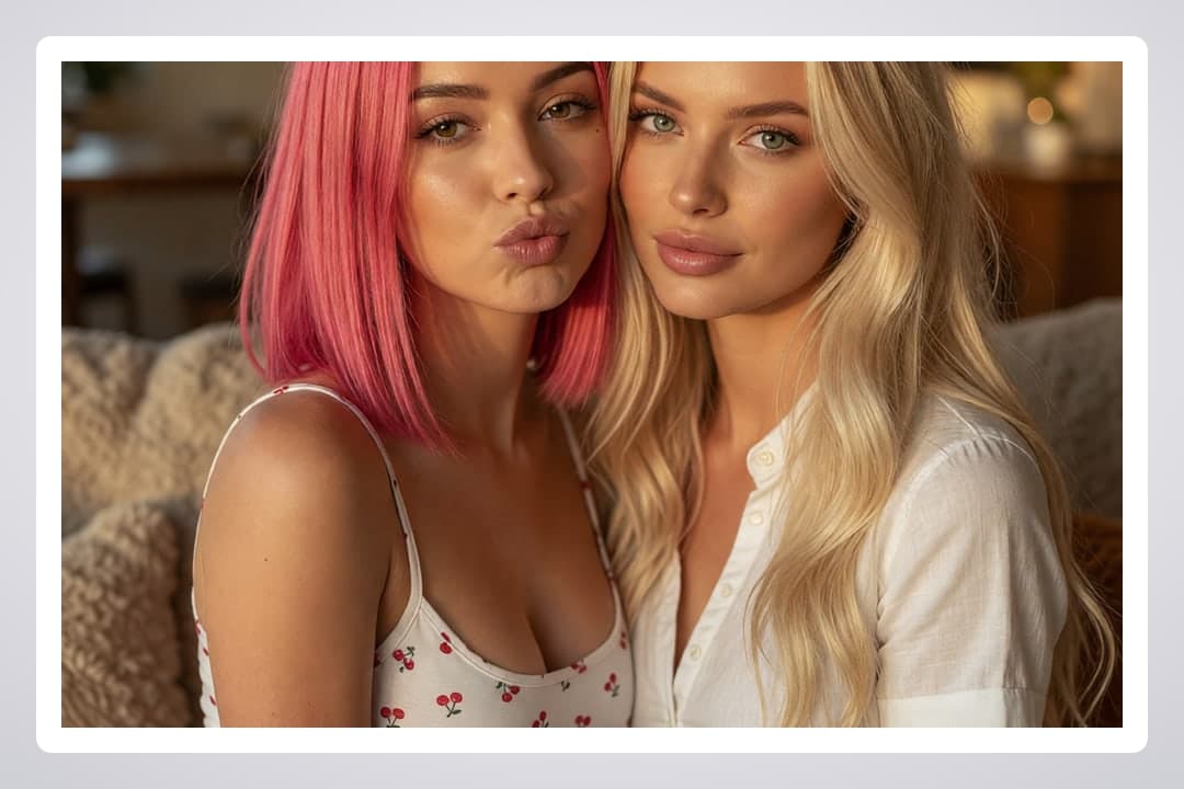 Blonde pink hair close-up selfie