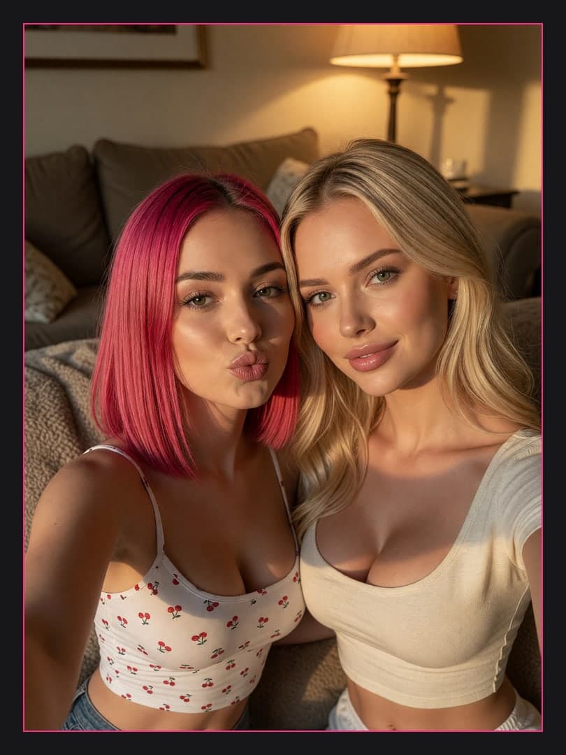 Blonde and pink hair living room selfie
