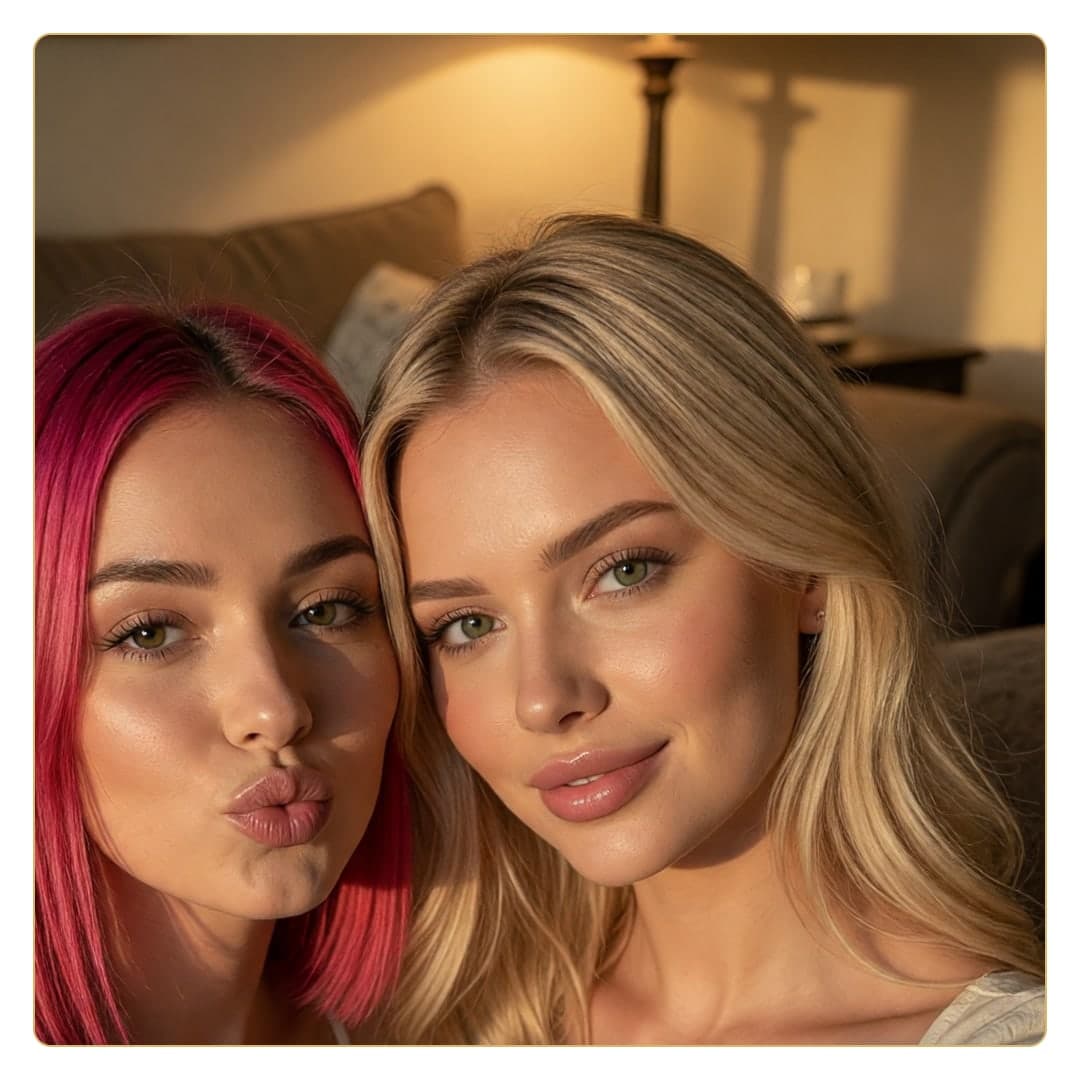 Curvy blonde bedroom selfie with friend