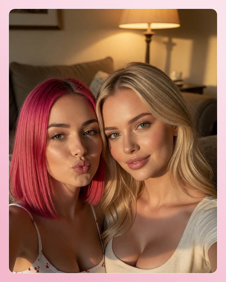 Blonde bedroom selfie with pink hair friend