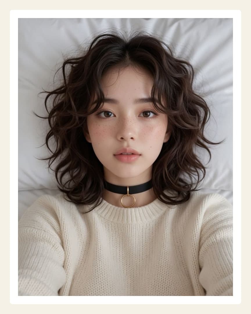 Close-up selfie on white sheets