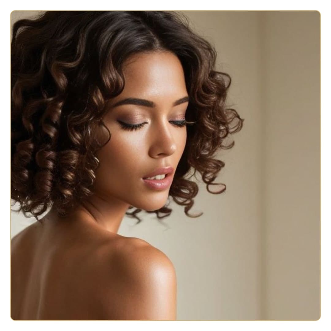 Topless curly brunette beauty close-up