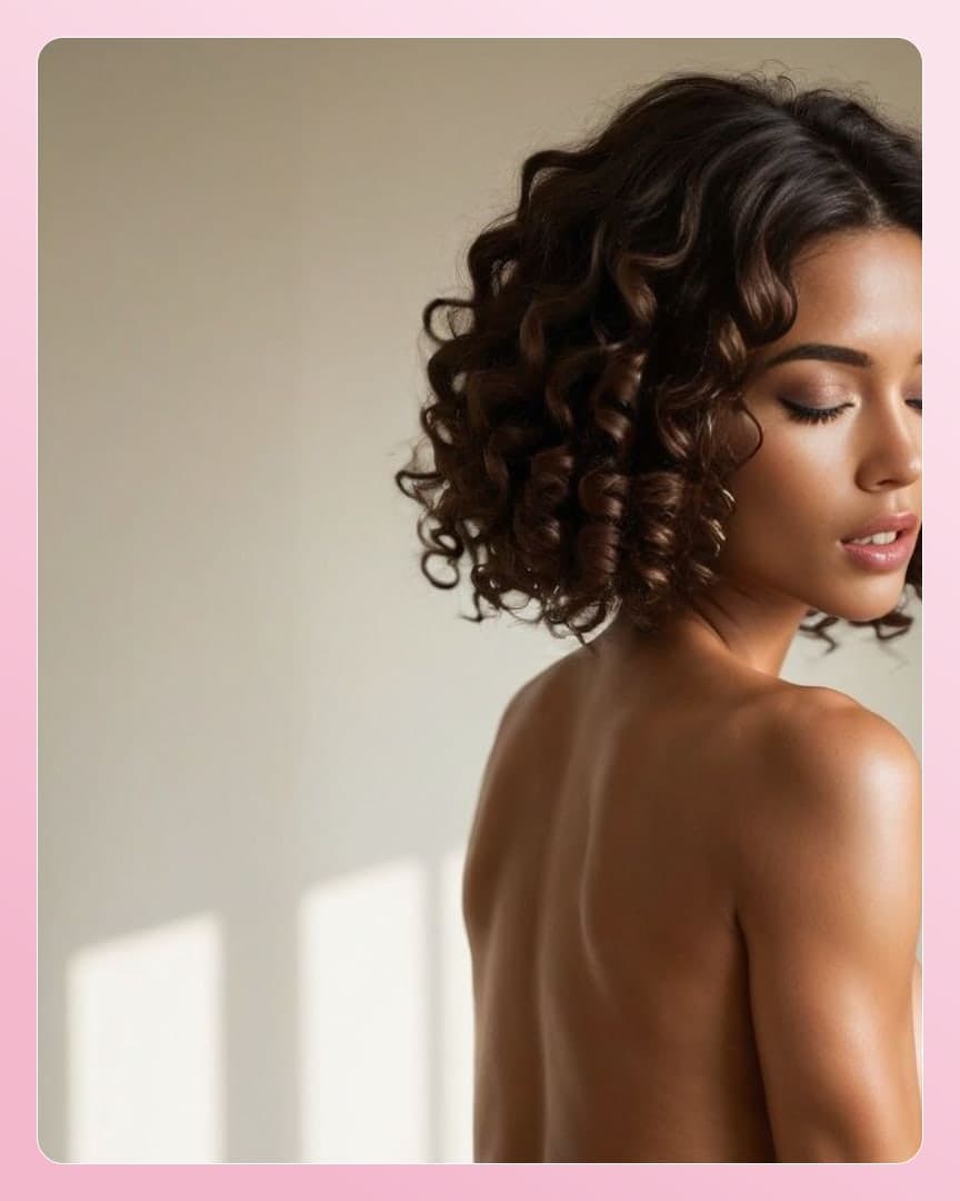 Curly brunette topless back view