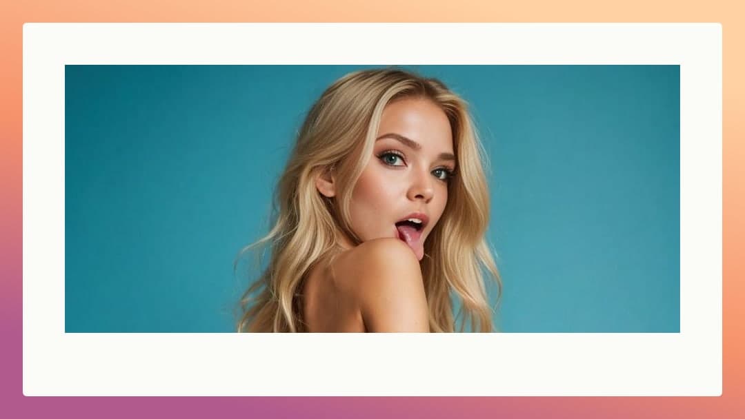 Topless blonde over shoulder on teal
