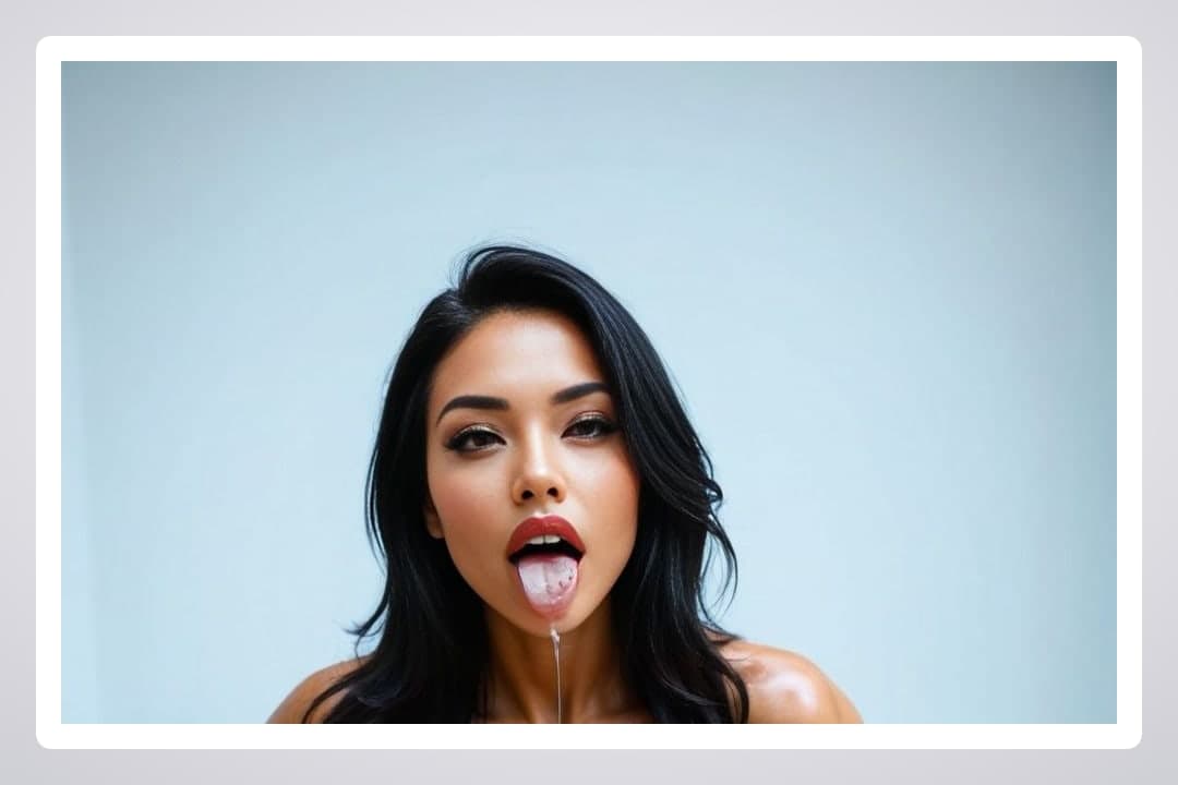 Topless cum on tongue closeup