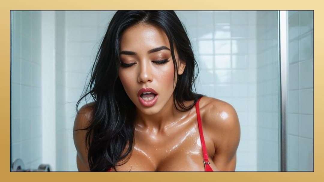 POV tongue out in shower