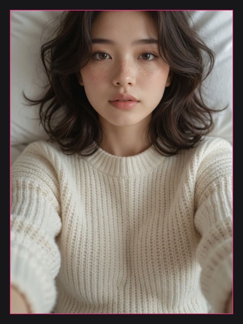Sweater selfie on white sheets
