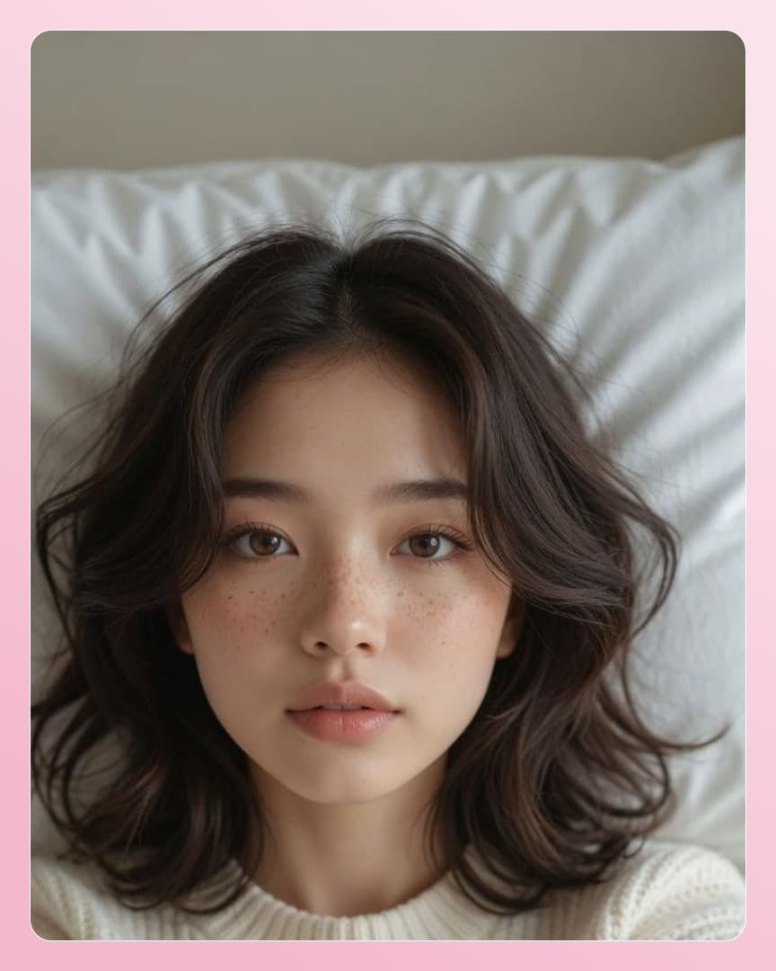 Wavy brunette bedroom selfie close-up