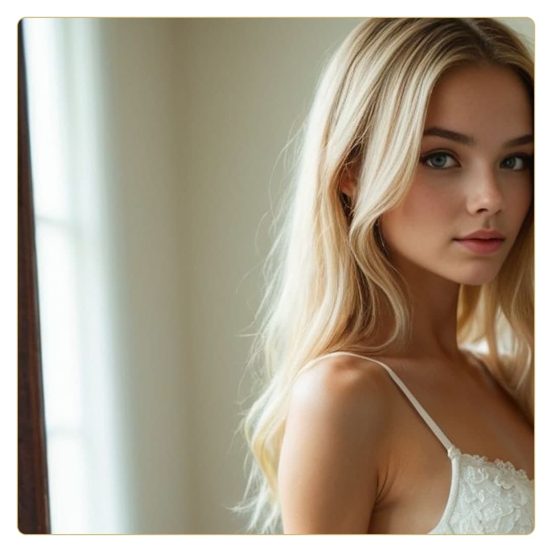 Blonde in white lace camisole