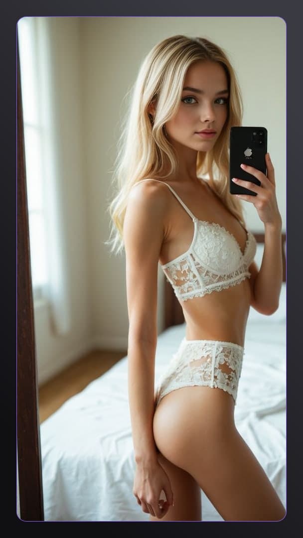 Mirror selfie in white lace lingerie