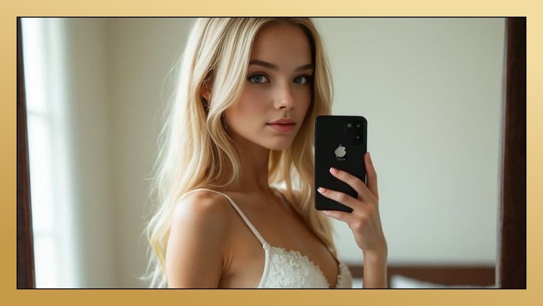 Slim blonde cleavage in white lace bra