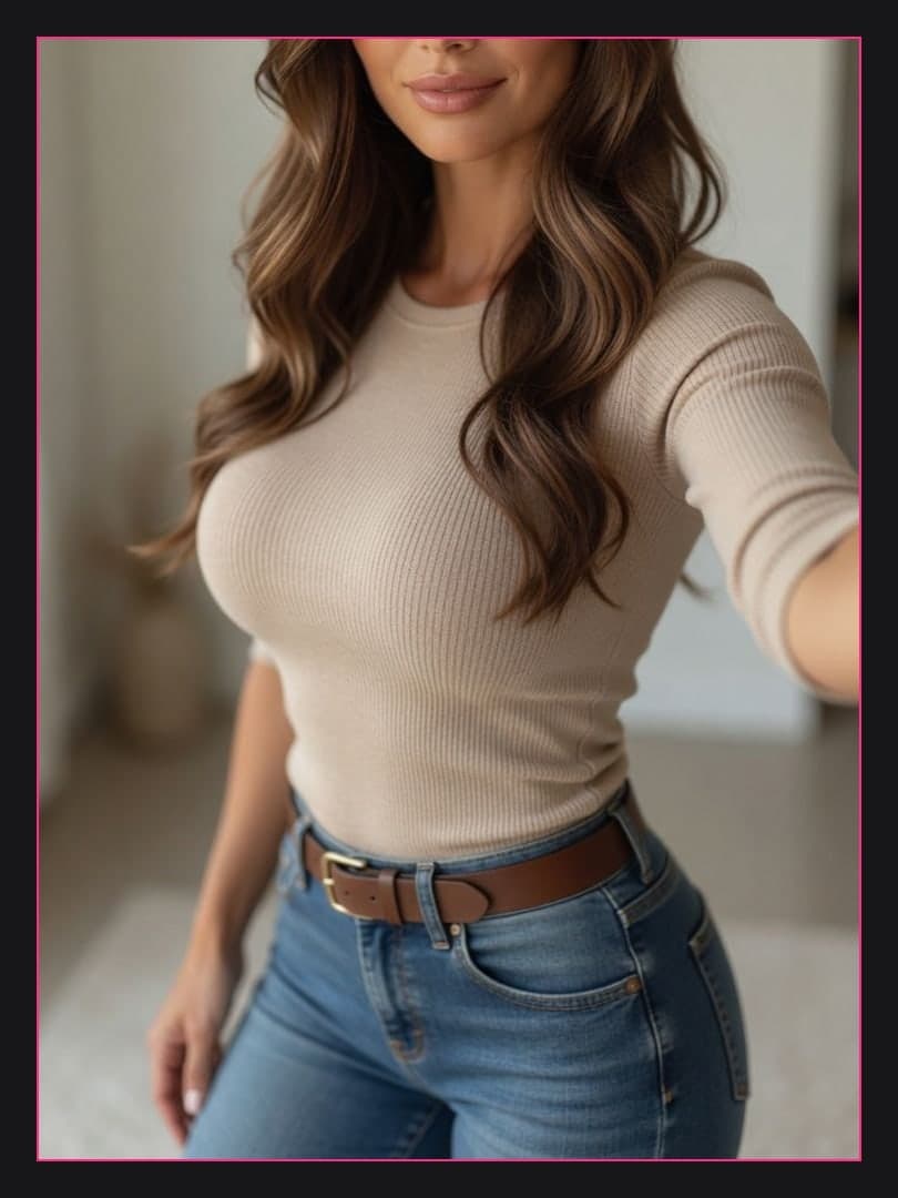 Brunette in tight beige top selfie