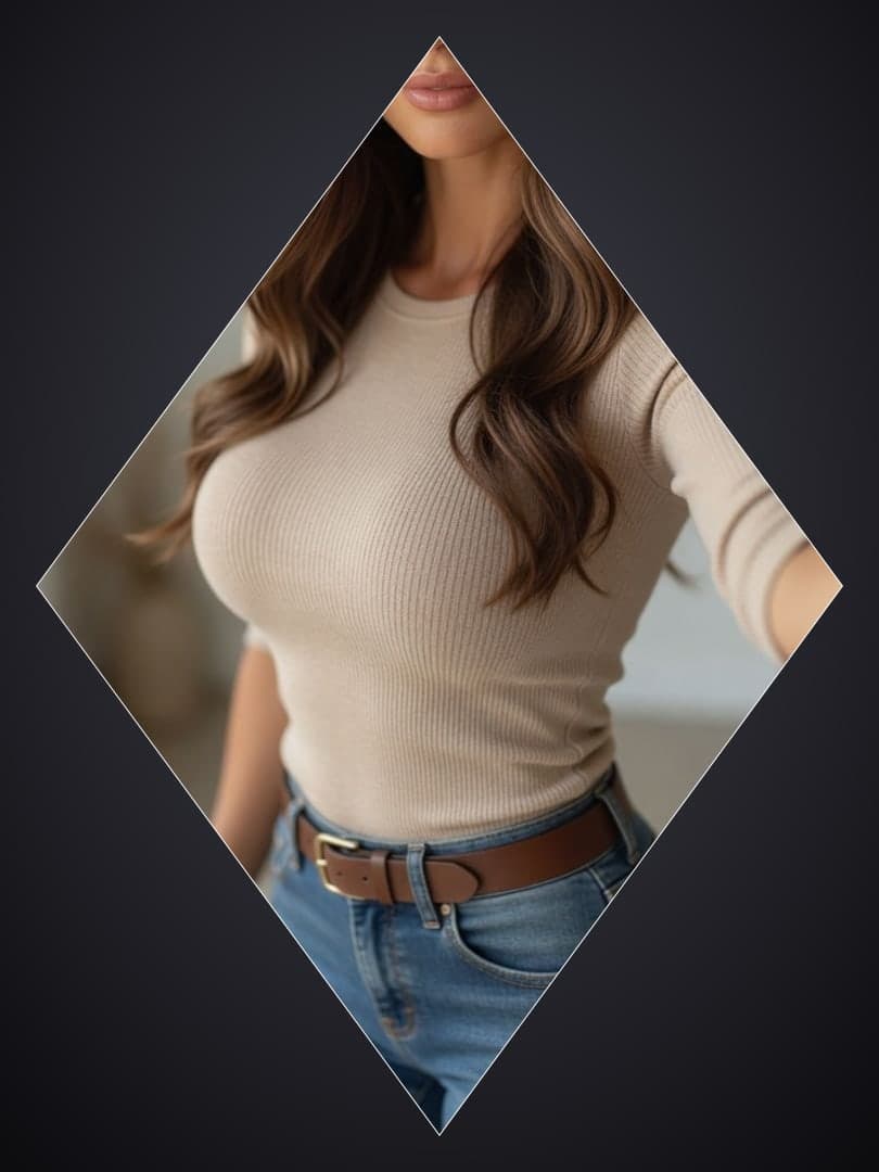 Curvy brunette in beige sweater