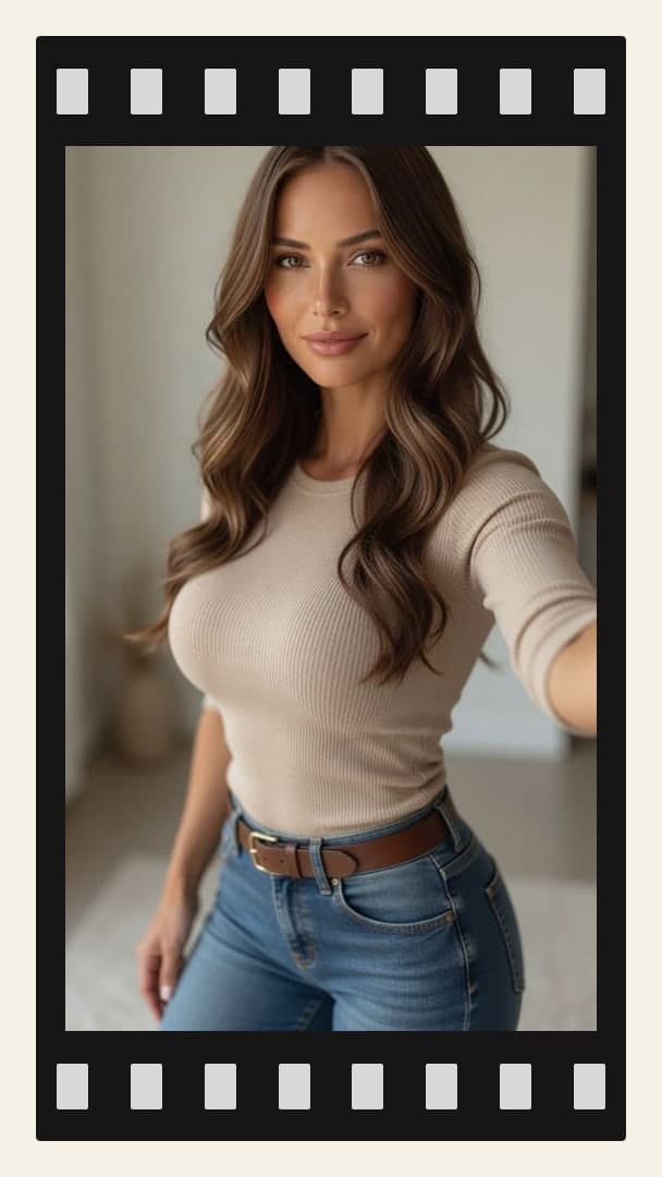 Curvy brunette in beige top
