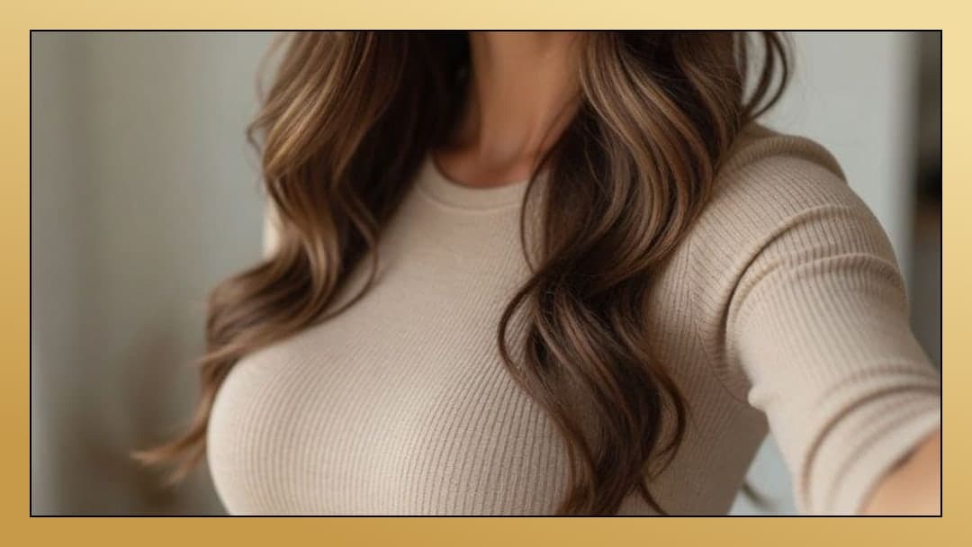Beige top nipple outline selfie