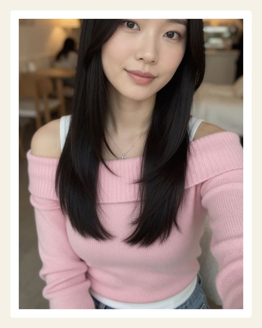 Cafe selfie in pink sweater