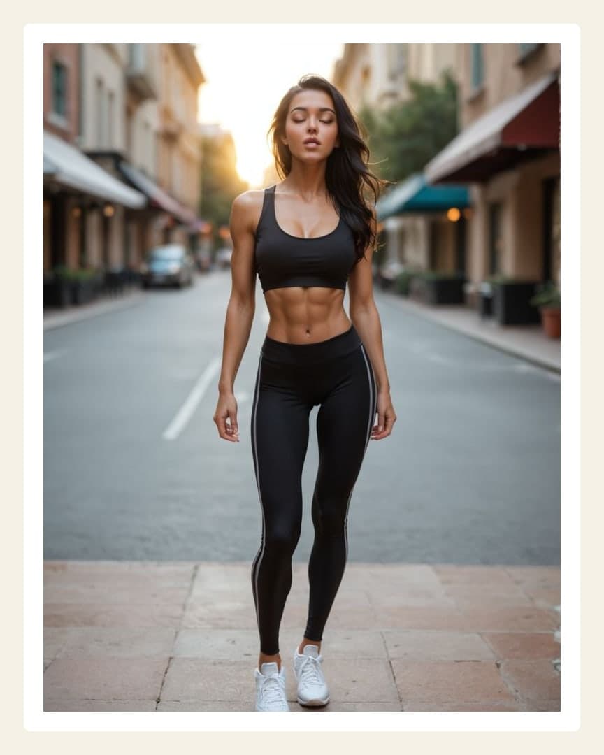 City sidewalk in sports bra
